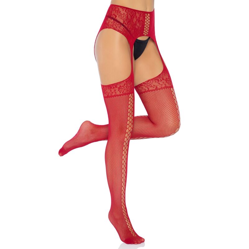 LEG AVENUE - MEDIAS DE ENCAJE BURDEOS CON LIGUERO - TALLA ÚNICA
