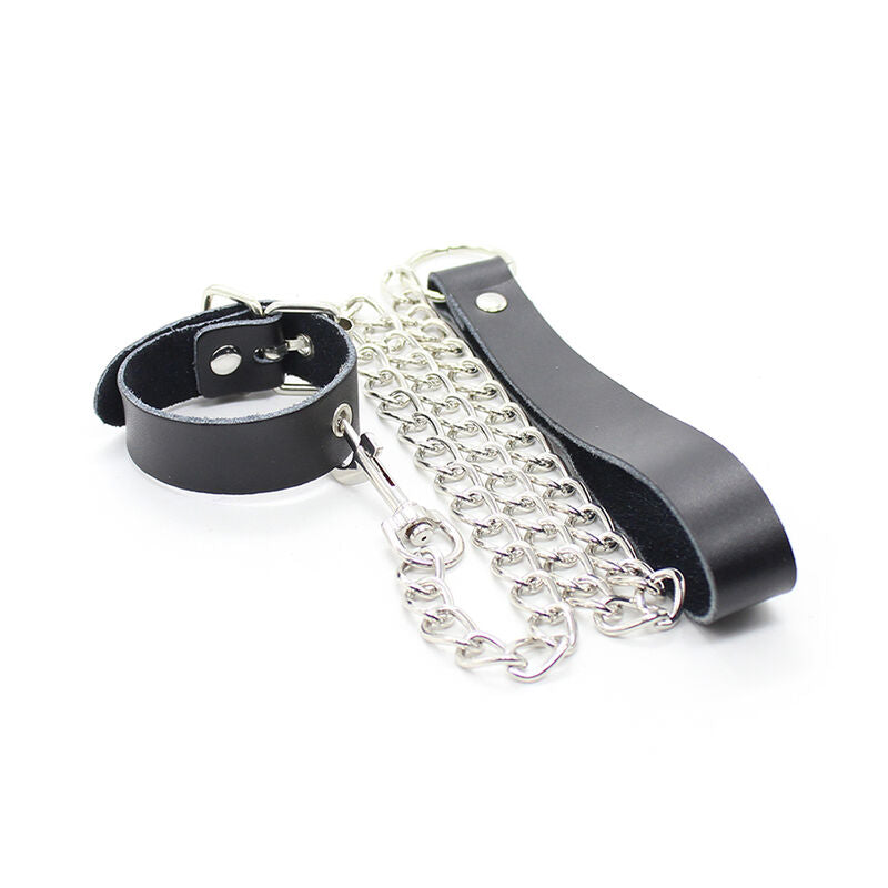 OHMAMA FETISH - CORREA DE CUERO Y COLLAR PARA EL PENE CON CADENA METÁLICA