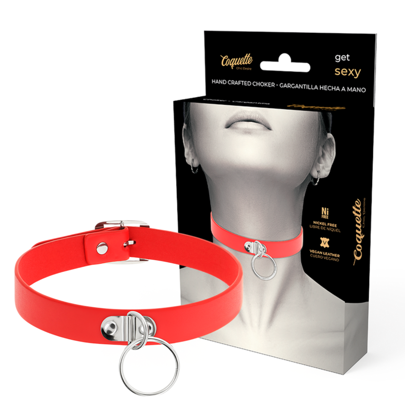 COQUETTE CHIC DESIRE - RED VEGAN LEATHER NECKLACE FETISH ACCESSORY FOR WOMEN