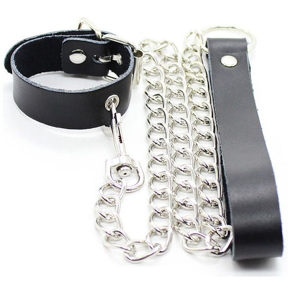 OHMAMA FETISH - CORREA DE CUERO Y COLLAR PARA EL PENE CON CADENA METÁLICA