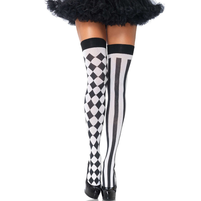 LEG AVENUE - CALCETINES HASTA EL MUSLO DE ARLEQUÍN NEGRO/BLANCO