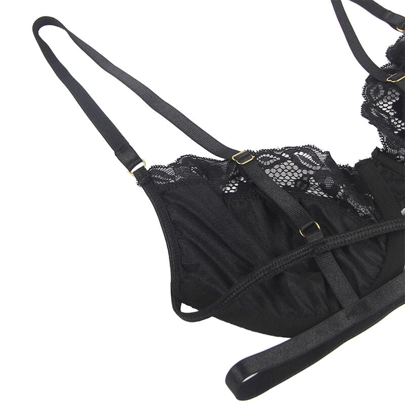 SUBBLIME - CONJUNTO DE 3 PIEZAS SUJETADOR + TANGA + LIGA DE ENCAJE NEGRO S/M