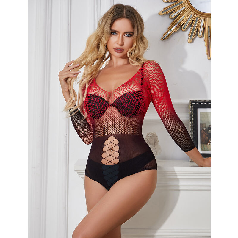 SUBBLIME - 952259 LONG SLEEVE RED AND BLACK GRADIENT STRETCH MESH DRESS ONE SIZE