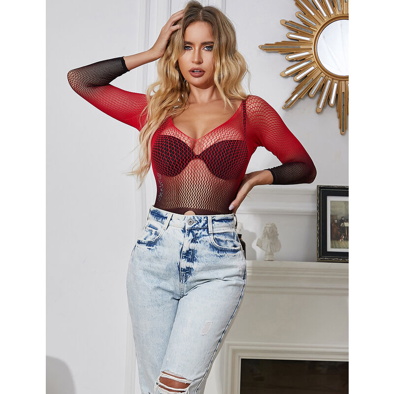 SUBBLIME - 952259 LONG SLEEVE RED AND BLACK GRADIENT STRETCH MESH DRESS ONE SIZE