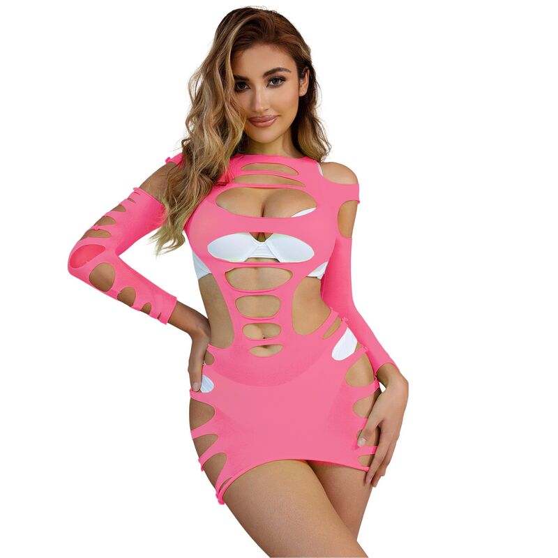 SUBBLIME - 952273 VESTIDO ROSA DE MANGA LARGA CON RED ELÁSTICA TALLA ÚNICA