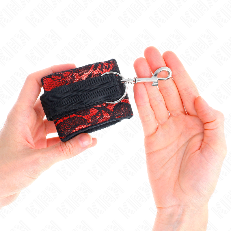 KINK - SHORT VELVET LACE CUFFS AND RED/BLACK NYLON BIND 23 X 6.5 CM