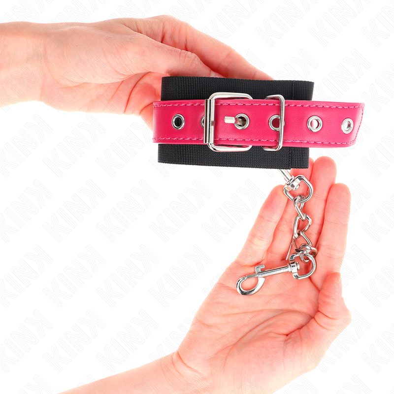 KINK - PUÑOS DE NYLON NEGRO CON CINTURÓN AJUSTABLE DE CUERO ROSA FRAMBUESA 19-29 CM X 5,1 CM