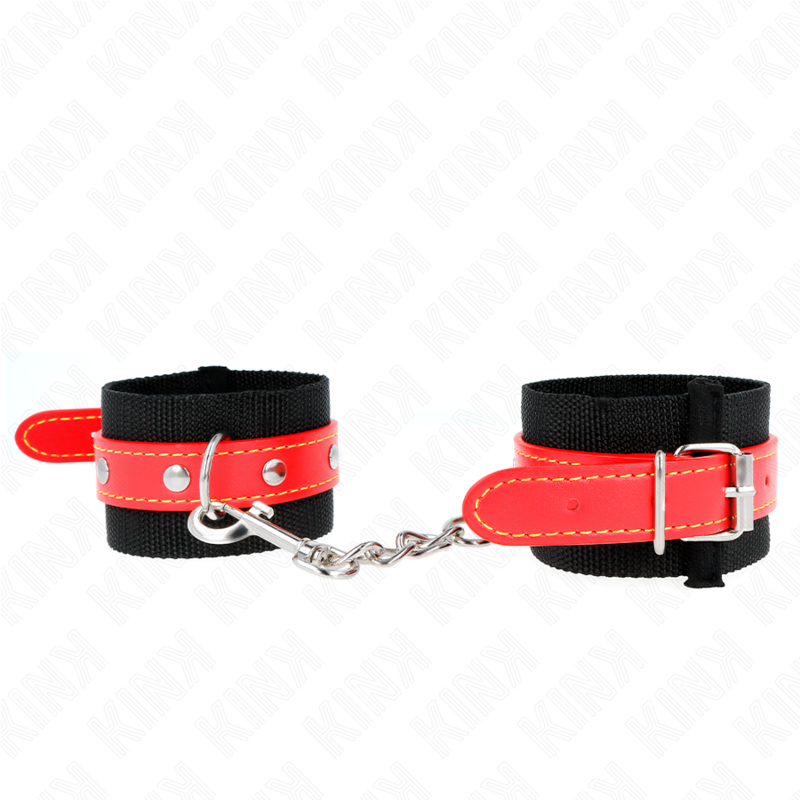 KINK - BLACK NYLON CUFFS WITH ADJUSTABLE RED LEATHER 19-24 CM X 5.5 CM
