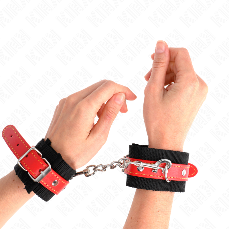KINK - BLACK NYLON CUFFS WITH ADJUSTABLE RED LEATHER 19-24 CM X 5.5 CM