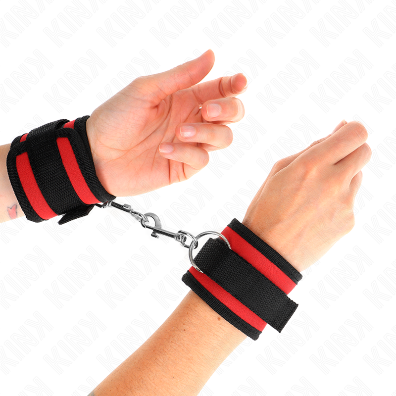 KINK - RED-BLACK NYLON BIND HOOK&LOOP WRIST RESTRAINTS MODEL 2 ADJUSTABLE 18-35 CM X 6 CM