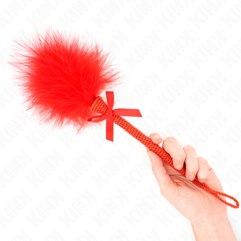 KINK - VARITA DE CUERDA DE NYLON CON PLUMAS COSQUILLAS Y LAZO ROJO 25 CM