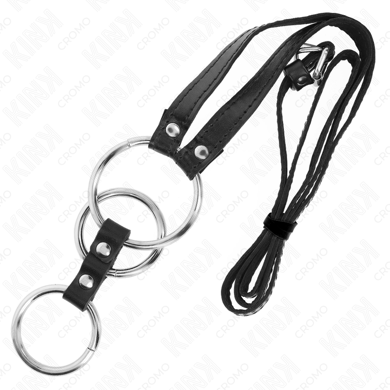 KINK - ANILLO TRIPLE DE METAL PARA EL PENE DE 3,8 CM A 5 CM CON CINTURÓN DE CUERO DE 112 CM
