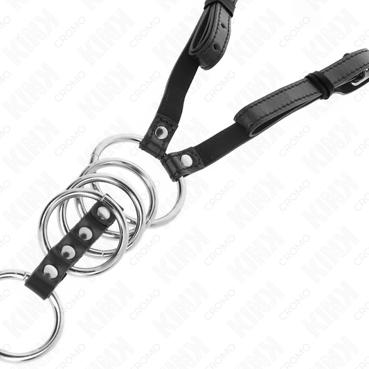 KINK - 5 ANILLOS METÁLICOS PARA EL PENE DE 3,8 CM A 5 CM CON CINTURÓN DE CUERO DE 112 CM