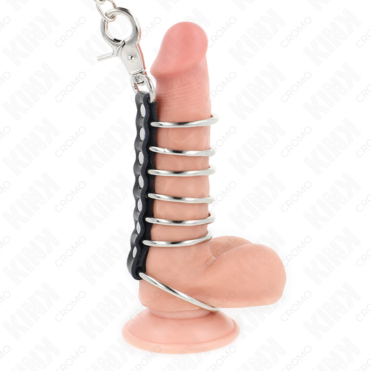 KINK - 7 ANILLOS METÁLICOS DE 3,8 CM A 5 CM CONECTADOS CON CUERO Y CADENA METÁLICA DE 100 CM