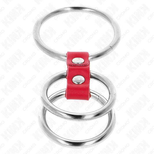 KINK - ANILLO TRIPLE DE METAL PARA EL PENE DE 3,7 CM A 5 CM CONECTADO CON CUERO ROJO