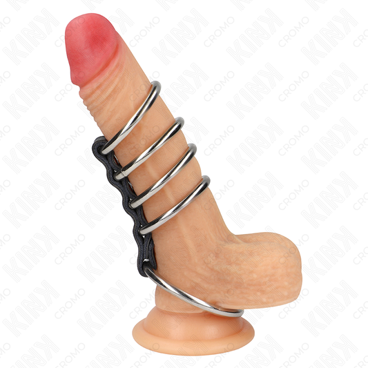 KINK - 5 ANILLOS METÁLICOS PARA EL PENE DE 1,5 A 2 PULGADAS CONECTADOS POR CUERO
