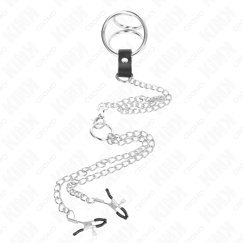 KINK - 3CM TO 4.5CM TRIPLE CHROME METAL COCK RING WITH 26CM METAL CHAIN AND NIPPLE CLIPS