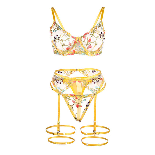 SUBBLIME - 954352 SUJETADOR + TANGA + LIGUERO DISEÑO FLORAL AMARILLO L/XL