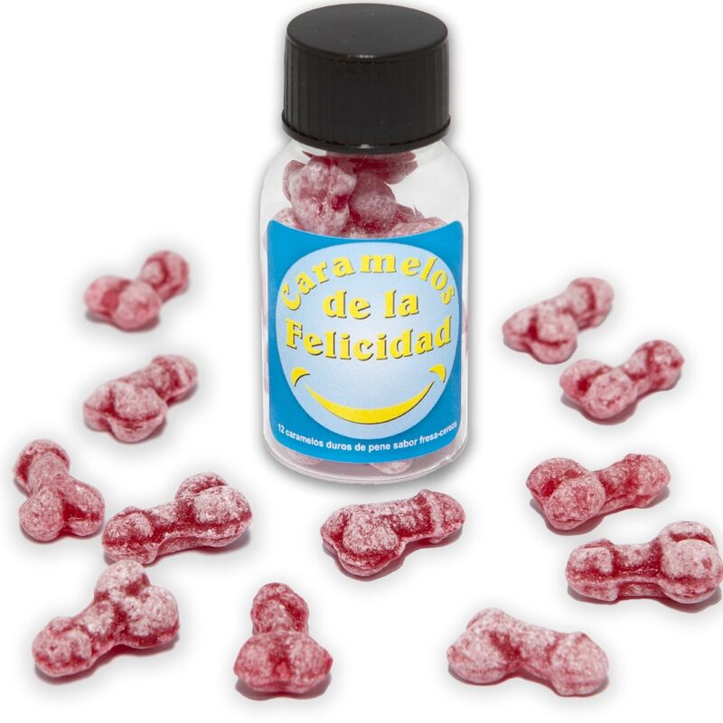 DIABLO PICANTE - FRASCO CON 12 CARAMELOS DE FRESA/CEREZA EN FORMA DE PENE FELIZ