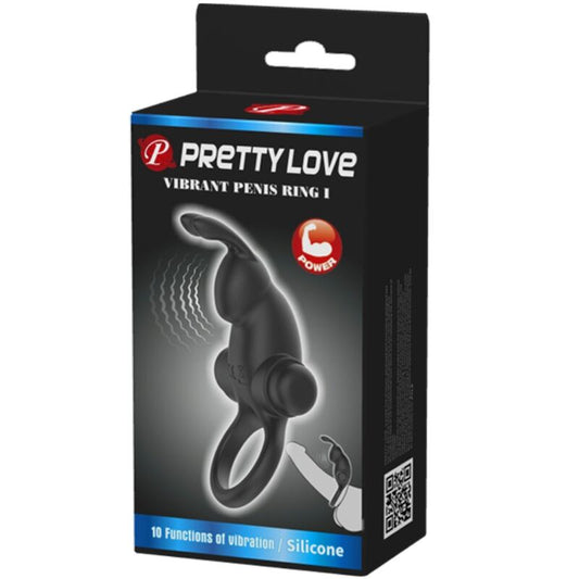 PRETTY LOVE - ANILLO VIBRADOR + ESTIMULADOR DE CLÍTORIS CON CONEJO 10 VIBRACIONES NEGRO
