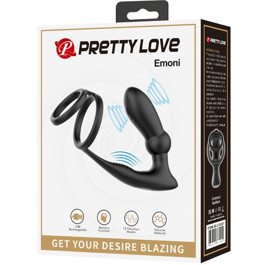 PRETTY LOVE - ANILLO PARA EL PENE EMONI + PLUG ANAL NEGRO DE 12 VIBRACIONES