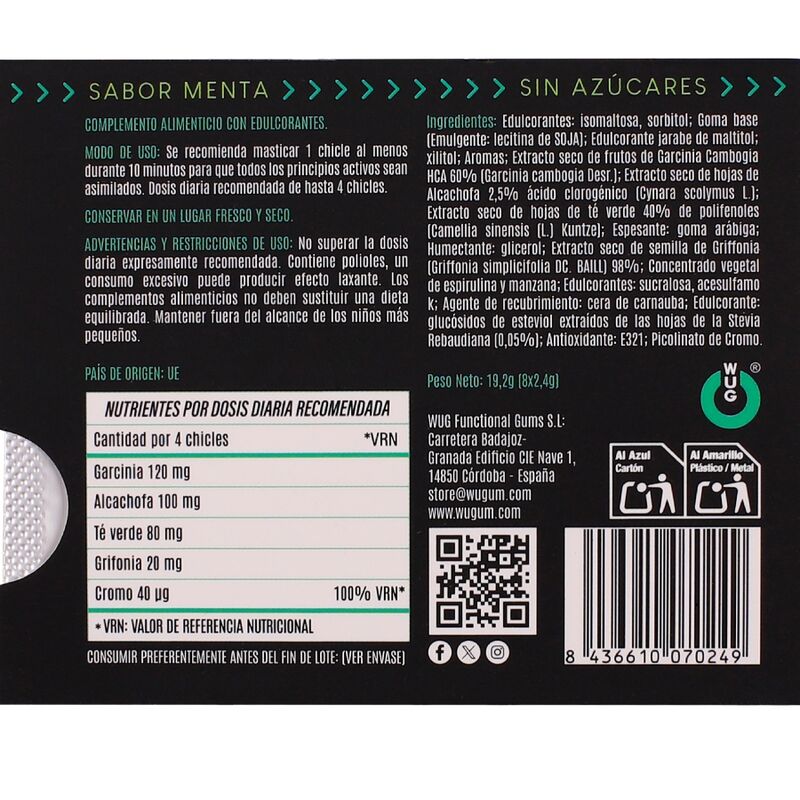 WUG DIET - GOMA DE HORTELÃ FUNCIONAL SEM AÇÚCAR, EM CARTELA COM 8 UNIDADES