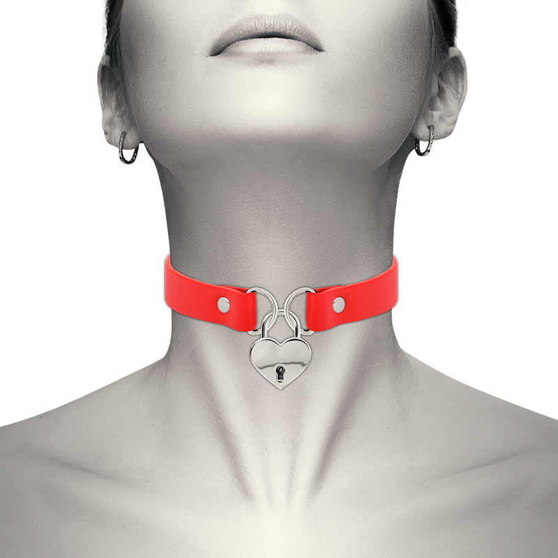 COQUETTE CHIC DESIRE - RED VEGAN LEATHER NECKLACE WITH KEY HEART ACCESSORY