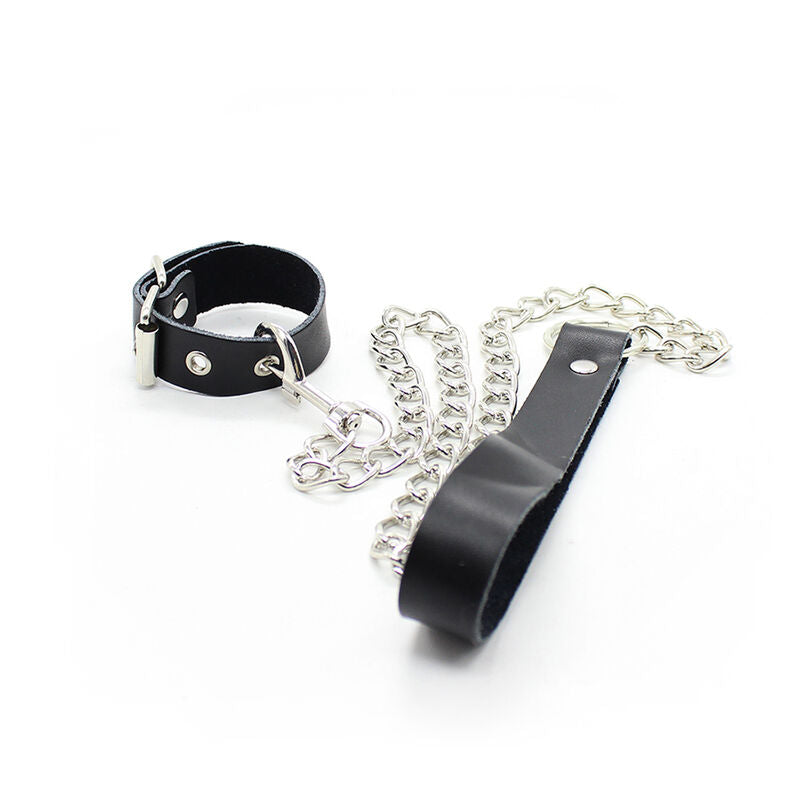 OHMAMA FETISH - CORREA DE CUERO Y COLLAR PARA EL PENE CON CADENA METÁLICA