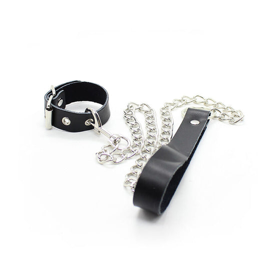 OHMAMA FETISH - LEATHER STRAP AND PENIS COLLAR WITH METAL CHAIN