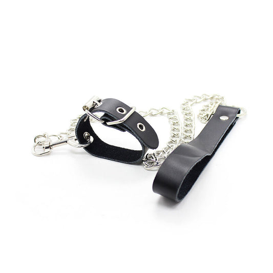 OHMAMA FETISH - LEATHER STRAP AND PENIS COLLAR WITH METAL CHAIN