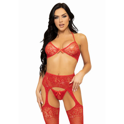 LEG AVENUE - THREE-PEAS SET WITH BRA, STRING AND SOCKS - ONE SIZE - BLACK