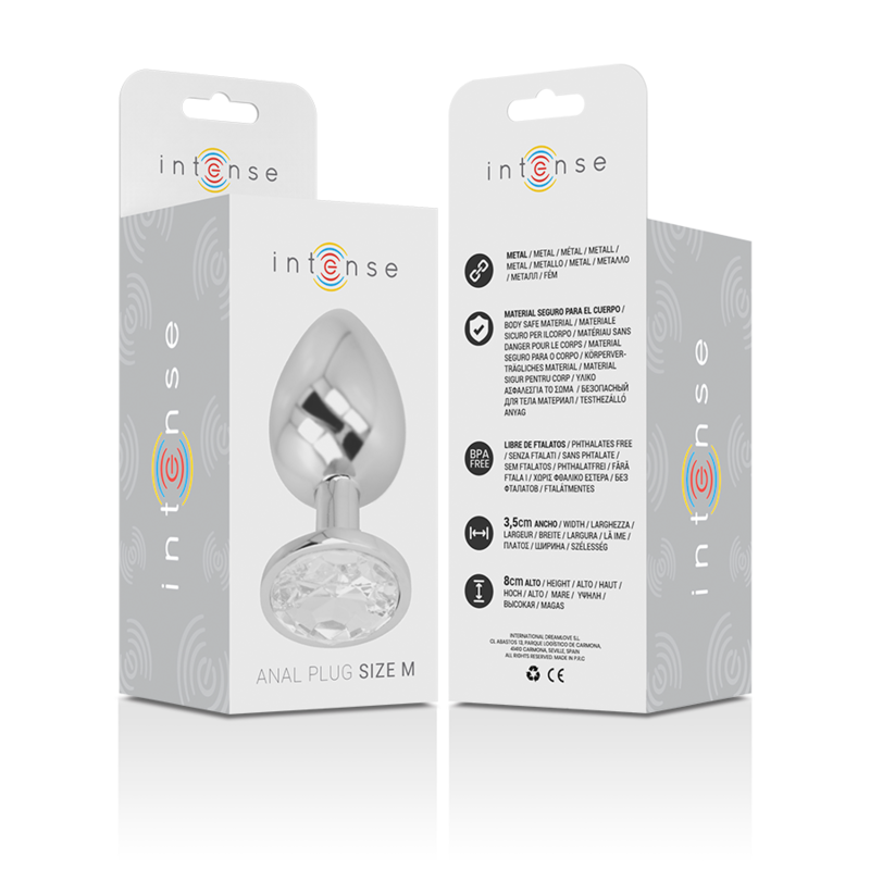 INTENSE - ALUMINUM METAL BUTT PLUG WITH SILVER CRYSTAL SIZE M