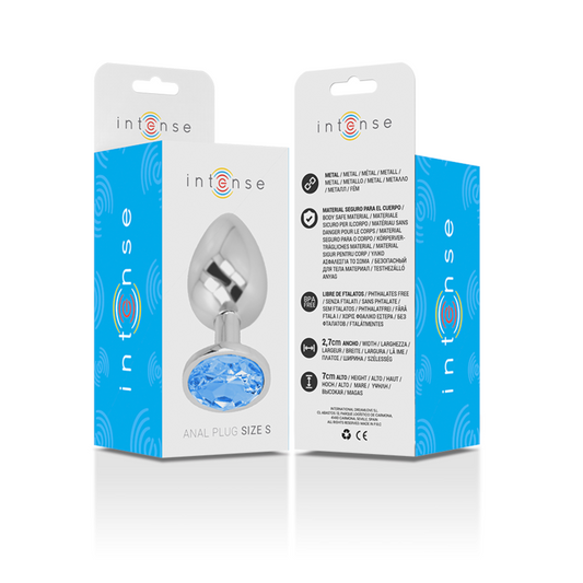 INTENSE - ALUMINUM METAL BUTT PLUG WITH BLUE CRYSTAL SIZE S