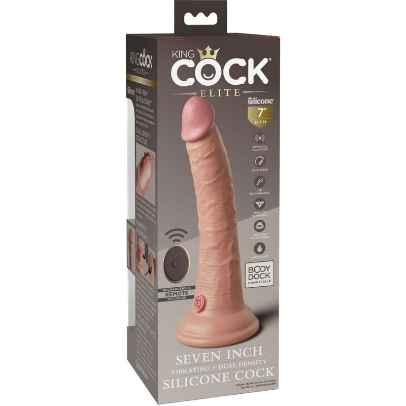 KING COCK - DILDO VIBRADOR REALISTA ELITE Y CONTROL REMOTO DE SILICONA 17.8 CM