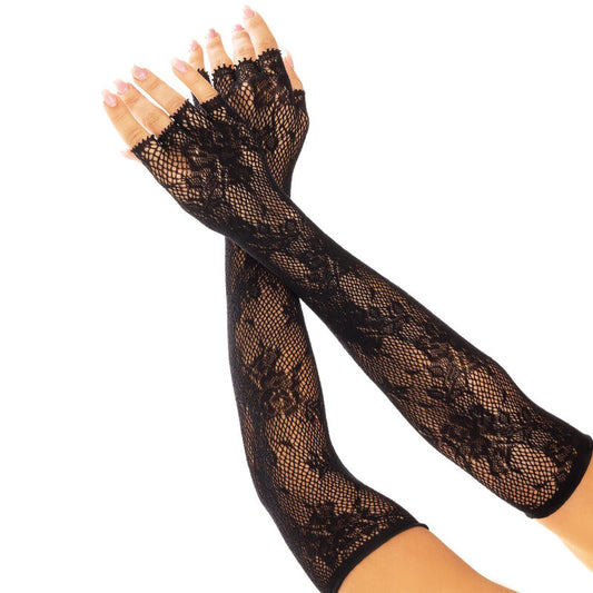 LEG AVENUE - GUANTES SIN DEDOS DE RED CON FLORES NEGROS