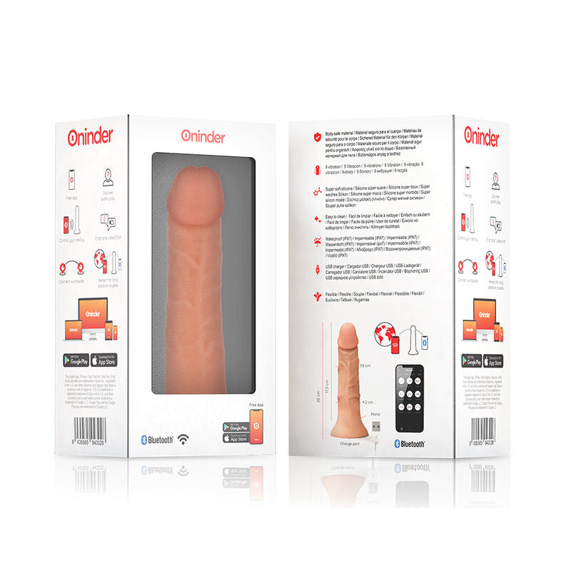 ONINDER - BOGOTÁ DILDO VIBRADOR MEDIANO 9 VELOCIDADES NATURAL 20 CM -O- 4.2 CM - APP GRATIS