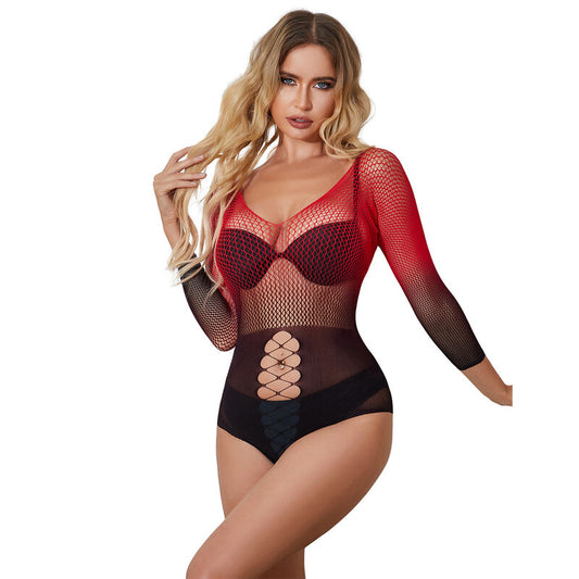 SUBBLIME - 952259 LONG SLEEVE RED AND BLACK GRADIENT STRETCH MESH DRESS ONE SIZE