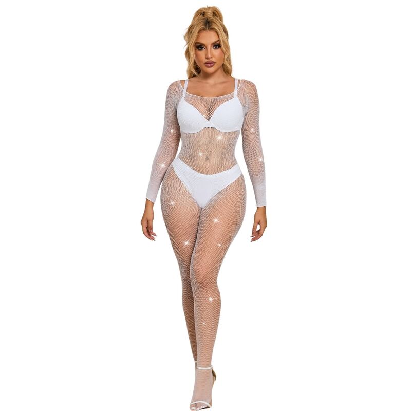 SUBBLIME - 952396 WHITE LONG SLEEVE DIAMOND FISHNET BODYSTOCKING ONE SIZE