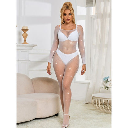 SUBBLIME - 952396 WHITE LONG SLEEVE DIAMOND FISHNET BODYSTOCKING ONE SIZE