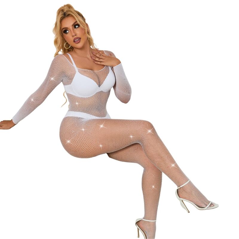 SUBBLIME - 952396 WHITE LONG SLEEVE DIAMOND FISHNET BODYSTOCKING ONE SIZE