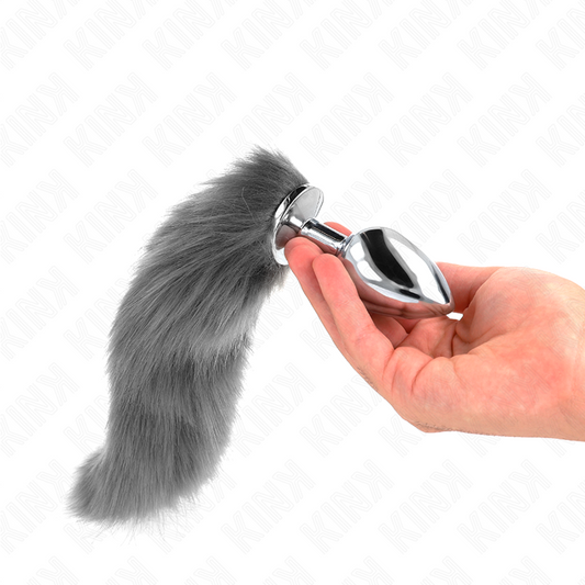 KINK - PLUG ANAL TAMAÑO G 10 X 4 CM CON COLA SINTÉTICA 40 CM GRIS Y BLANCO