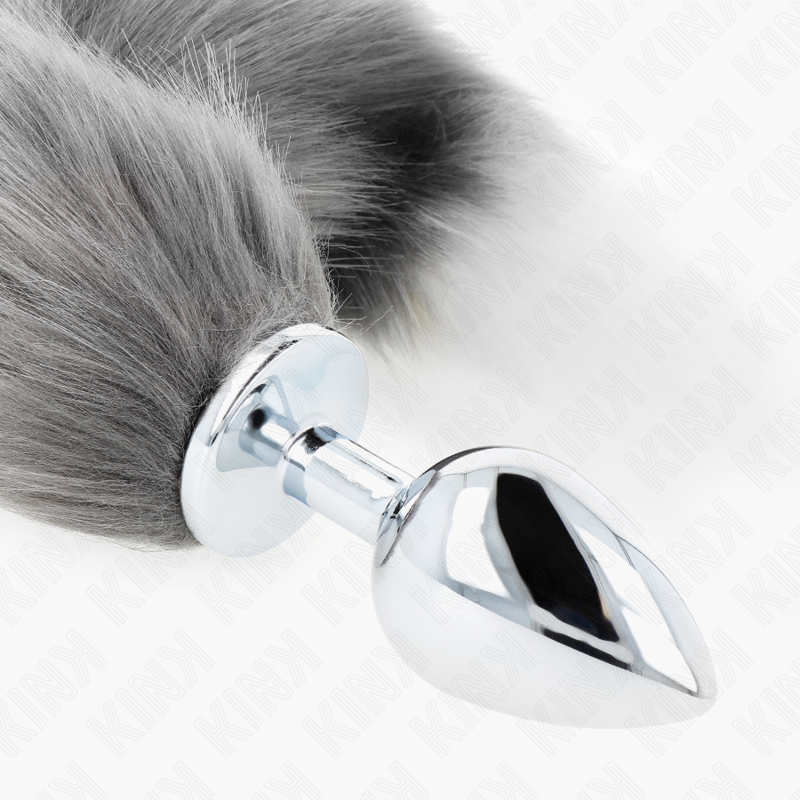 KINK - PLUG ANAL TAMAÑO G 10 X 4 CM CON COLA SINTÉTICA 40 CM GRIS Y BLANCO