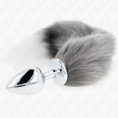 KINK - PLUG ANAL TAMAÑO G 10 X 4 CM CON COLA SINTÉTICA 40 CM GRIS Y BLANCO