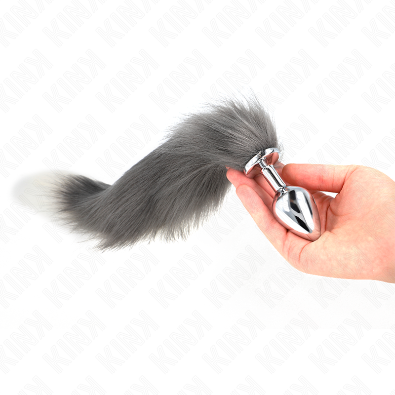 KINK - PLUG ANAL TAMAÑO M 8 X 3.5 CM CON COLA SINTÉTICA 40 CM GRIS Y BLANCO