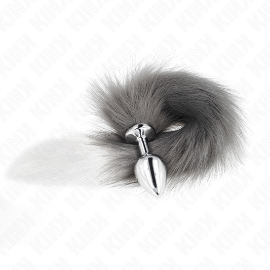KINK - PLUG ANAL TAMAÑO M 8 X 3.5 CM CON COLA SINTÉTICA 40 CM GRIS Y BLANCO