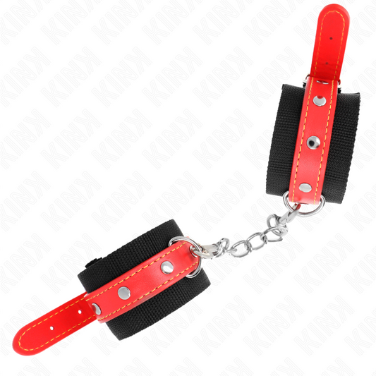 KINK - BLACK NYLON CUFFS WITH ADJUSTABLE RED LEATHER 19-24 CM X 5.5 CM