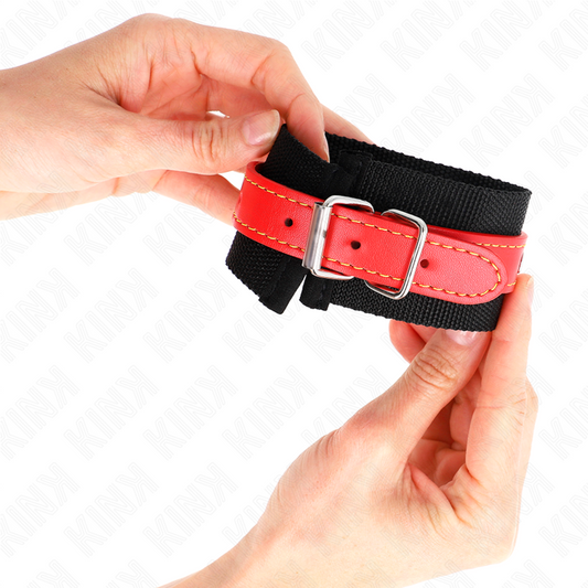 KINK - BLACK NYLON CUFFS WITH ADJUSTABLE RED LEATHER 19-24 CM X 5.5 CM