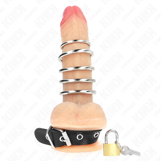 KINK - ANILLO DE CUERO PARA EL PENE CON CIERRE DE 21 X 2 CM Y 5 ANILLAS METÁLICAS DE 3 CM A 4 CM