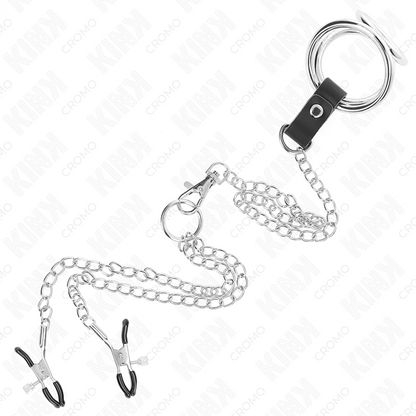 KINK - 3CM TO 4.5CM TRIPLE CHROME METAL COCK RING WITH 26CM METAL CHAIN AND NIPPLE CLIPS