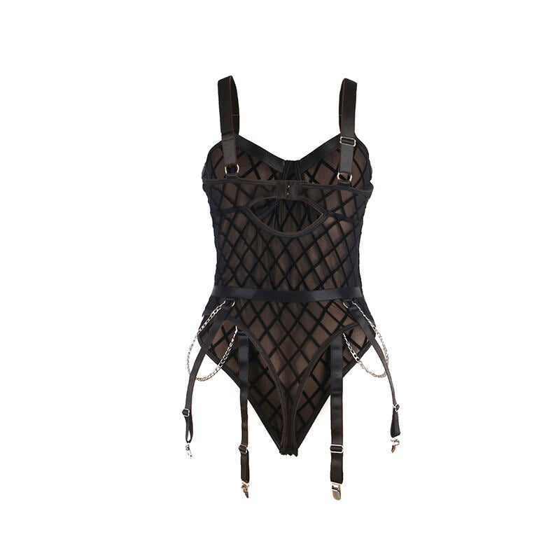 SUBBLIME - 9542277 BODYSUIT WITH CHAINS + GARTER BELT BLACK L/XL